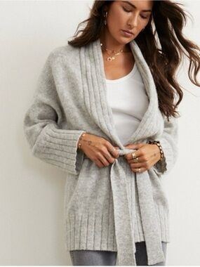 AMO Light Gray Shawl Collar Tie-Waist Cardigan